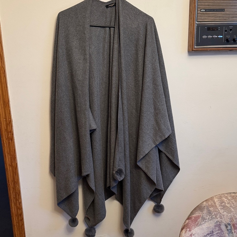 Gray Poncho with rabbit fur Pom Poms